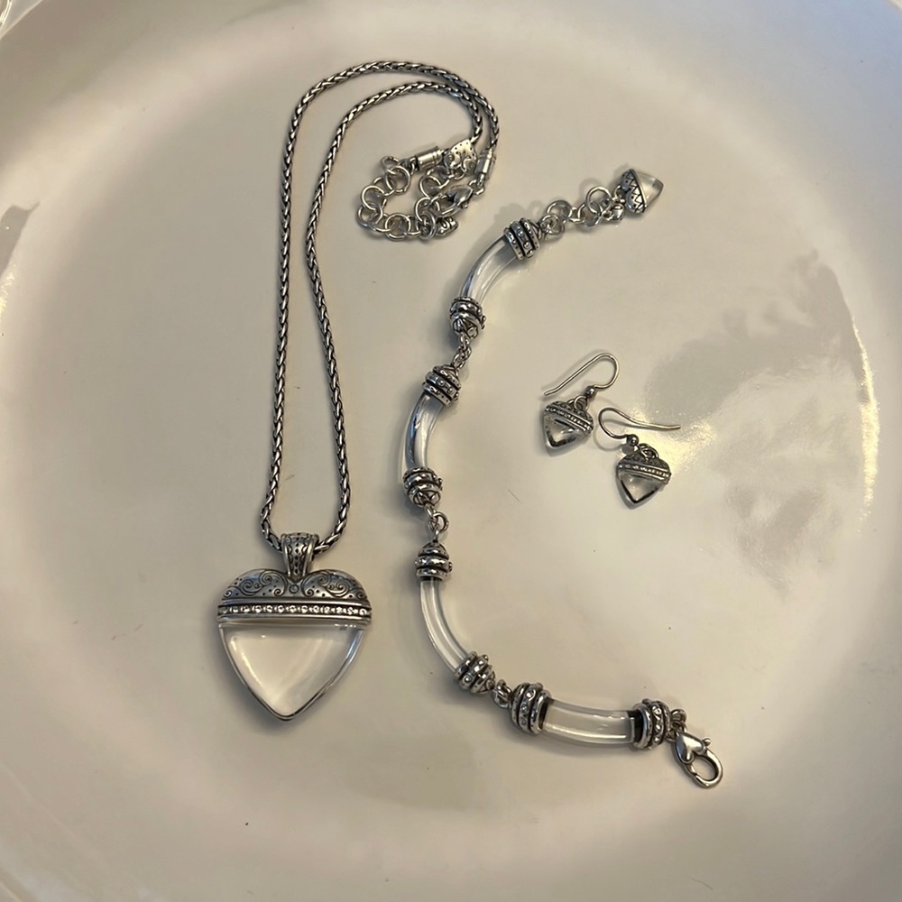 Brighton Jewelry Set - Clear Heart Necklace, Bracelet and Earrings - Retired